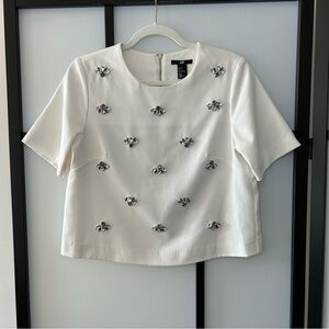 [6] H&M White Structured Short Sleeve Crop Top W/ Silver Jewel Embellishments